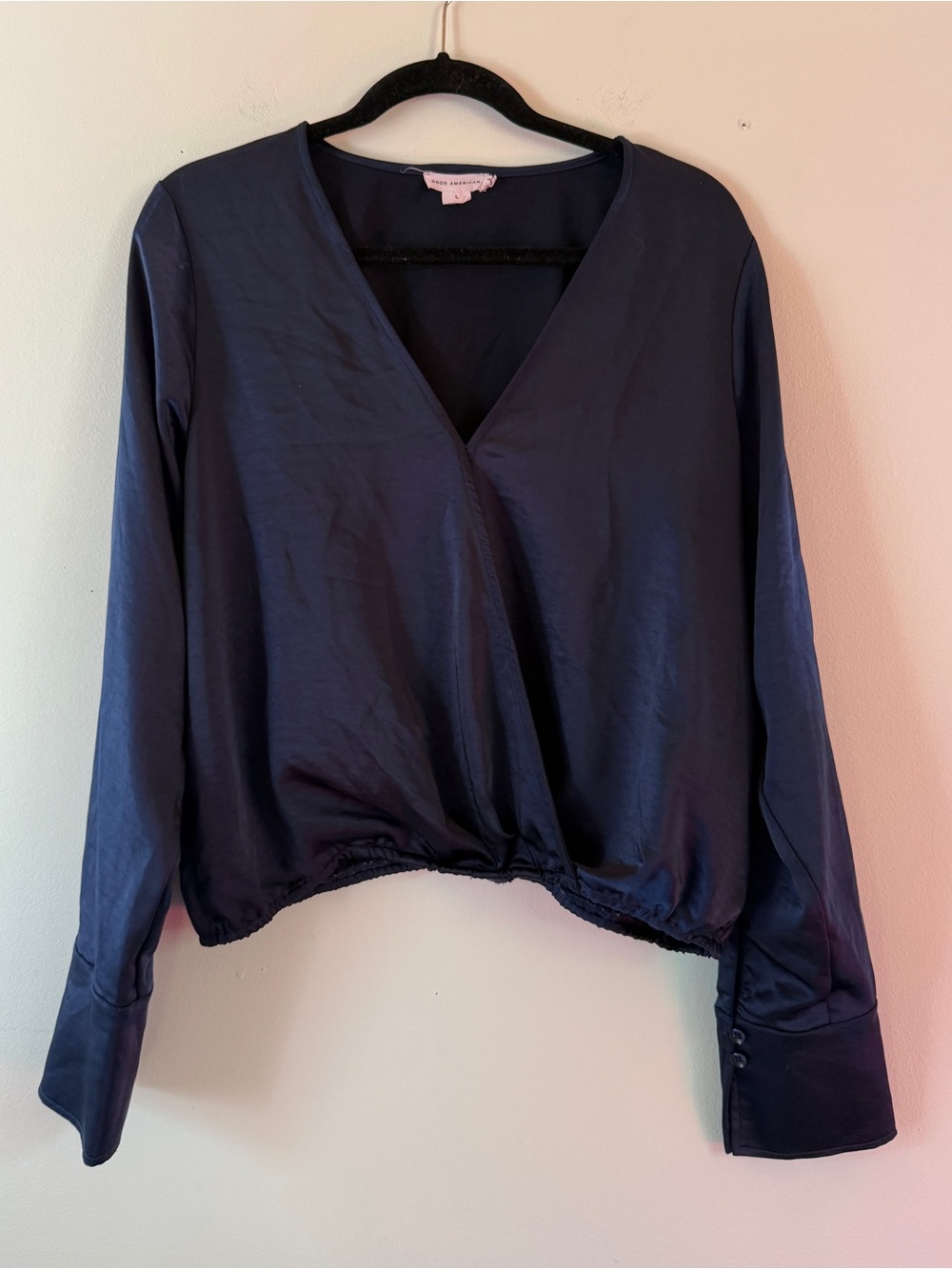 Good American | Women's Navy Blue Long Sleeve Washed Satin Wrap Front - L